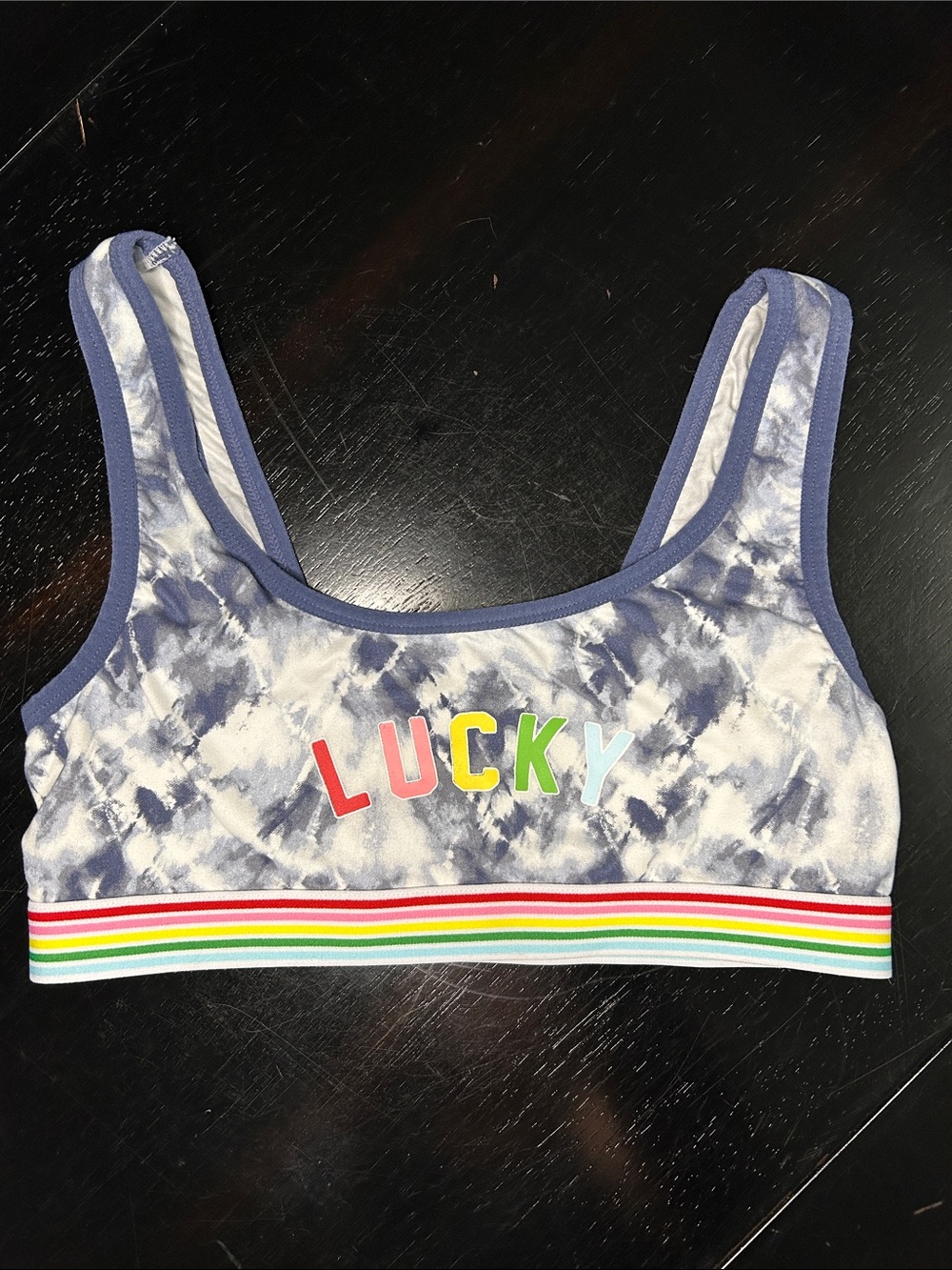 Lucky Brand Blue Tie-Dye retro style comfySports Bra with Rainbow Band